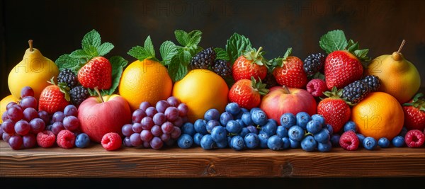 Fresh fruit spread with pears, apples, berries, and citrus, garnished with mint on a wooden backdrop, AI generated