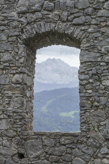 Window of the ruins of Werdenfels Castle with overcast sky, Garmisch-Partenkirchen, Werdenfelser Land, Upper Bavaria, Bavaria, Germany, Europe