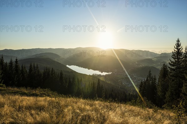 View from Hochfirst to Titisee and Feldberg, sunset, near Neustadt, Black Forest, Baden-Wuerttemberg, Germany, Europe