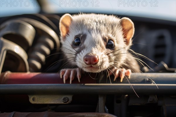 Ferret animal causing damage in car engine. KI generiert, generiert AI generated