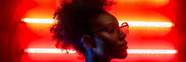 Relaxed looking woman with trendy glasses and big earrings, surrounded by warm red neon lights, AI generated, AI generated