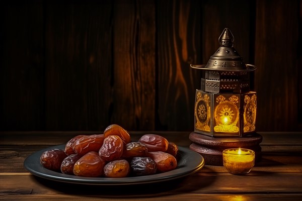 Ramadan lantern to a plate of succulent figs on dark background, set on an ornate table with intricate designs, evoking the rich traditions and serene moments of the holy month, AI generated