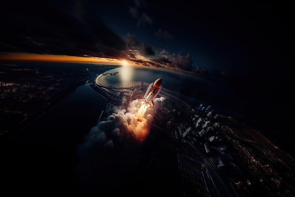 Aerial view of a rocket shuttle carrier launch at sunrise over an ocean coast. The rocket is blasting off with a trail of smoke and flames behind it, AI generated