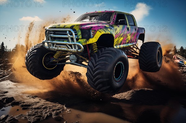 Monster truck driving and jumping outdoors amidst a cloud of dust. Thrill and adrenaline of an outdoor racing event on off-road terrain, AI generated