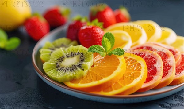 Healthy fresh fruit salad in a plate on a white table AI generated
