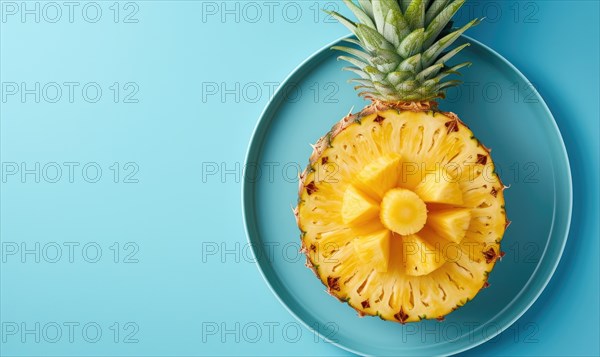Pineapple slices on blue plate over blue background. Top view with copy space AI generated