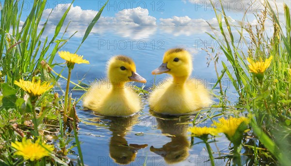 KI generated, animal, animals, bird, birds, biotope, habitat, one, single animal, foraging, wildlife, duck, ducks, domestic duck, female, (Anas platyrhynchos) white, white, yellow ducklings, young animals, animal children, two, three, four, white duck mother with yellow chicks, excursion, water, meadow, grass, spring, summer, flowers, pond, swimming, sitting, farm animal, domestic animal