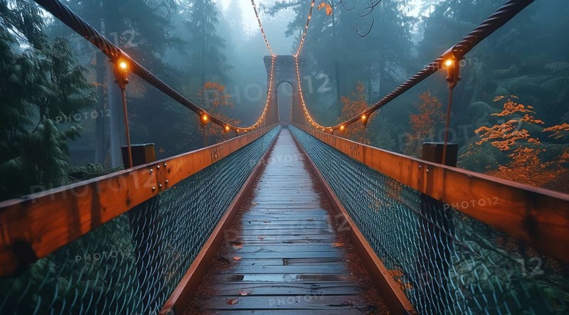 Misty evening on Capilano suspension bridge with warm lights in a ...
