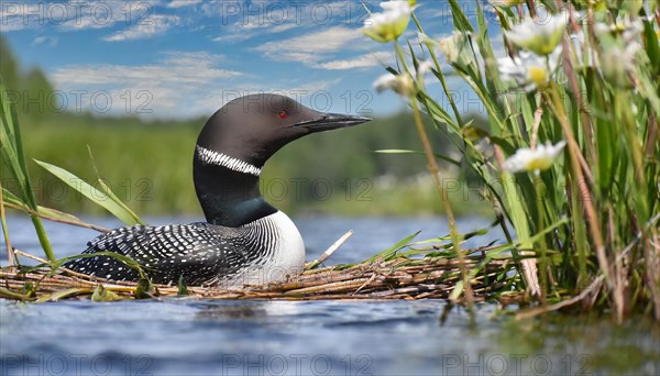 Ai generated, animal, animals, bird, birds, biotope, habitat, a, individual, swims, waters, breeds, nest, reeds, water lilies, blue sky, foraging, wildlife, summer, seasons, loon, (Gavia immer), tundra, Greenland, Iceland, Canada, loon, winters on the coasts of Europe, North America