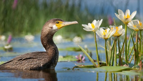 Ai generated, animal, animals, bird, birds, biotope, habitat, an, individual, swims, waters, reeds, water lilies, blue sky, foraging, wildlife, summer, seasons, great cormorant (Phalacrocorax carbo)