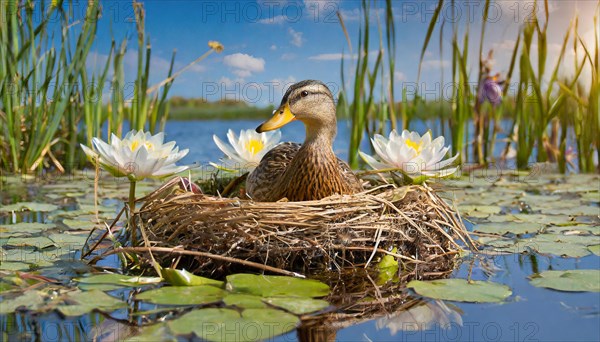 Ai generated, animal, animals, bird, birds, biotope, habitat, a, individual, swims, waters, reeds, water lilies, blue sky, foraging, wildlife, summer, seasons, mallard, female, female, broods, nest, (Anas platyrhynchos, swimmer, family of geese)