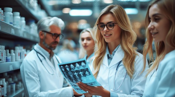 A team of healthcare professionals examining MRI scans in a drugstore setting, ai generated, AI generated