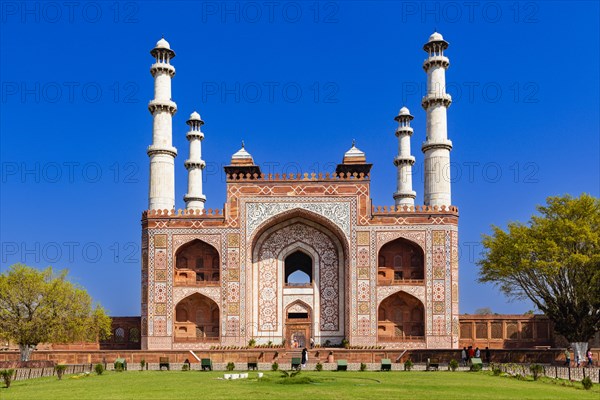 Gate at Akbar's Mausoleum, Agra, India, blue sky, art, pattern, Asia
