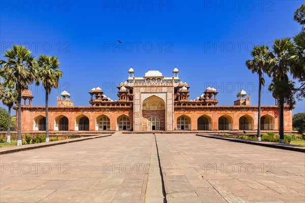 Akbar's Mausoleum, Agra, India, design, filigree, blue sky, palm tree, blue sky, art, pattern, Asia