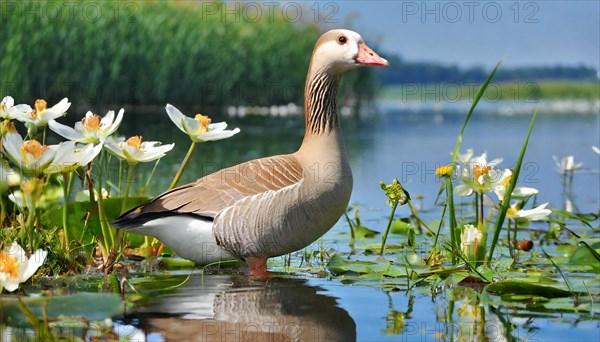 Ai generated, animal, animals, bird, birds, biotope, habitat, an, individual, swims, waters, reeds, water lilies, blue sky, foraging, wildlife, summer, seasons, greater white-fronted goose (Anser albifrons)