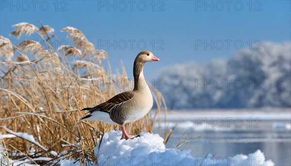Ai generated, animal, animals, bird, birds, biotope, habitat, one, individual, winter, ice, snow, water, reeds, blue sky, foraging, wildlife, summer, seasons, greater white-fronted goose (Anser albifrons)