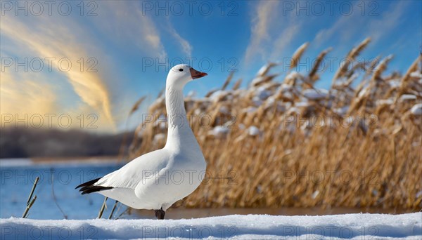 Ai generated, animal, animals, bird, birds, biotope, habitat, a, individual, swims, waters, reeds, water lilies, blue sky, foraging, wildlife, summer, seasons, mute swan (Cygnus olor)