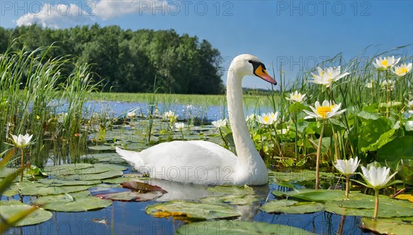 KI generated, animal, animals, bird, birds, biotope, habitat, a, individual, winter, ice, snow, water, reeds, blue sky, foraging, wildlife, seasons, mute swan (Cygnus olor)