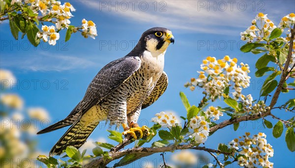 KI generated, animal, animals, bird, birds, biotope, habitat, a, individual, sits, branch, perch, summer, peregrine falcon (Falco peregrinus) flight recording, blue sky, tree blossom, fruit tree, fruit tree blossom