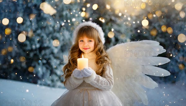 AI generated, girl, angel, winter, snow, ice, firs, snowy, snowflakes, winter landscape, costume, clothes, angel costume, candle, candles, light, lights, beautiful teeth, smiles, friendly, Christmas, evening, night shot, winter forest, church, one person, 8-12 years, burning candle