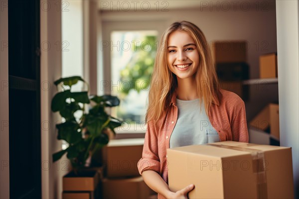 Young woman with cardboard box moving houses, AI generated