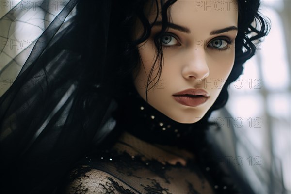 Face of young beautiful gothic bride in black wedding dress. KI generiert, generiert AI generated