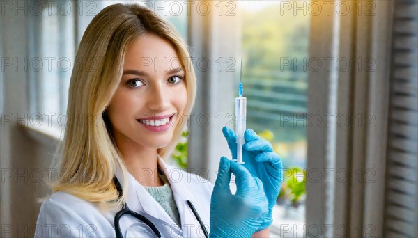 AI generated, RF, woman, woman, doctor, female doctor, 25, 30, years, attractive, attractive, doctor's office, holds a syringe in her hand, disposable syringe, flu shot, corona, pneumococcal, prevention, health, blonde, blonde, beautiful teeth, long hair