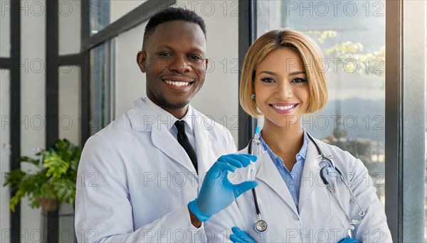 Ai generated, RF, woman, woman, man, men, doctor, female doctor, two, 30-35, years, attractive, attractive, doctor's office, holds a syringe in her hand, disposable syringe, flu shot, corona, pneumococcal, prevention, health, blonde, blond, blonde, beautiful teeth, long hair, two people, German, African