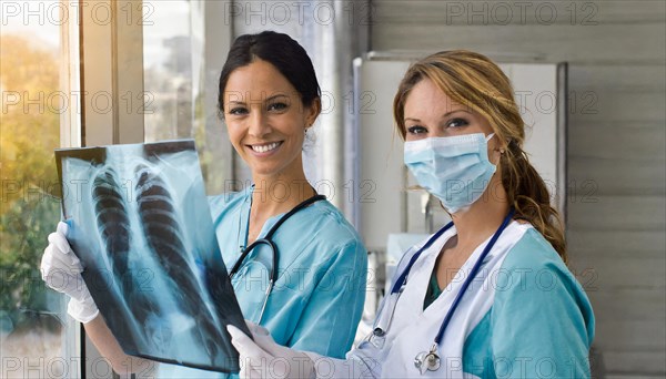 KI generated, RF, woman, woman, two, female, doctor, doctor team, team, 30+, years, attractive, attractive, doctor's office, look at an x-ray, x-ray, examination, check-up, health, blond, blonde, blonde, beautiful teeth, long hair, two people, two woman