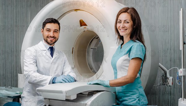 AI generated, RF, woman, woman, doctor, doctors, female doctor, 30, 35, years, attractive, attractive, doctor's office, CT, scan, computer tomography, computer tomography, preventive care, health, smiles, beautiful teeth, generates a three-dimensional X-ray image, modern X-ray machine, X-rays, X-ray image, patient, AI generated