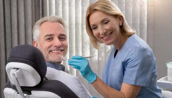 AI generated, dentist treats an attractive older man, senior, seniors, 65, dentist, blonde, 30, 35, years, dental treatment, follow-up, AI generated