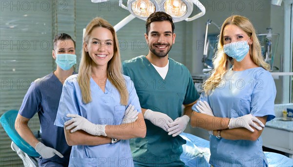 AI generated, RF, woman, woman, man, doctor, doctor team, team, 30, years, attractive, attractive, doctor's office, operating theatre, operating room, examination, prevention, health, blond, blonde, blonde, beautiful teeth, long hair, beard bearer, four, people, two. woman, two doctors, AI generated
