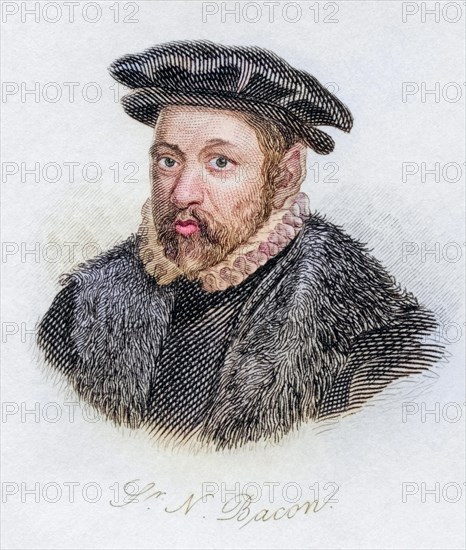 Sir Nicholas Bacon 1510, 1579, English politician and Keeper of the Lord Privy Seal. From the book Crabb's Historical Dictionary, published in 1825, Historical, digitally restored reproduction from a 19th century original, Record date not stated