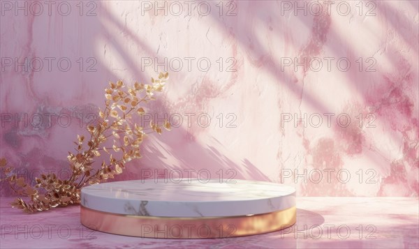 Pink marble podium with shadow of leaves and rose quartz texture background AI generated