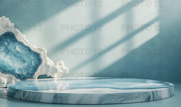 Minimalistic abstract scene with marble podium and blue geode on background AI generated