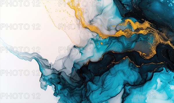Blue and gold abstract background. Marbling artwork texture. Agate ripple pattern. Gold powder AI generated