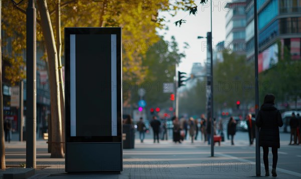 Blank street billboard on city street. Mock up of vertical advertising stand in the street AI generated