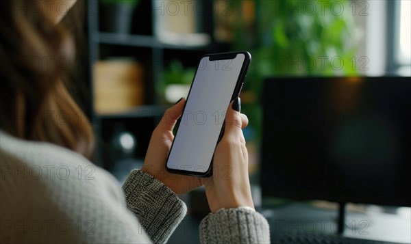 Mockup image of female hands holding smartphone with blank white screen AI generated