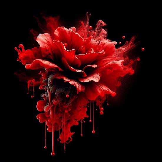 A dramatic abstract artwork of a red flower with smoke-like flowing forms on a dark background, AI generated