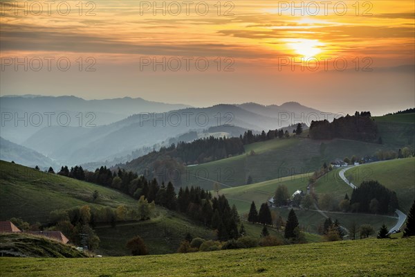 Hilly landscape, sunset, view from Schauinsland into Muenstertal, near Freiburg im Breisgau, Black Forest, Baden-Wuerttemberg, Germany, Europe