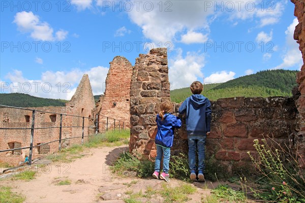 Boy and girl at the Hardenburg castle ruins, Bad Duerkheim