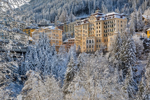 Winter view of some grand hotels in the village, Bad Gastein, Gastein Valley, Hohe Tauern National Park, Salzburg Province, Austria, Europe