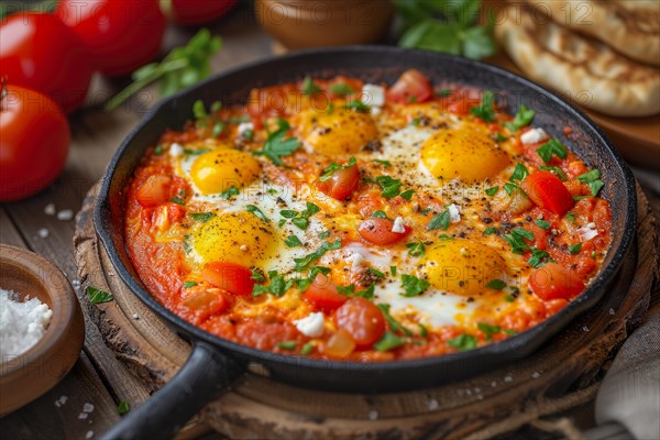Delicious breakfast with shakshuka in a pan, served on a rustic wooden table, KI generated, AI generated