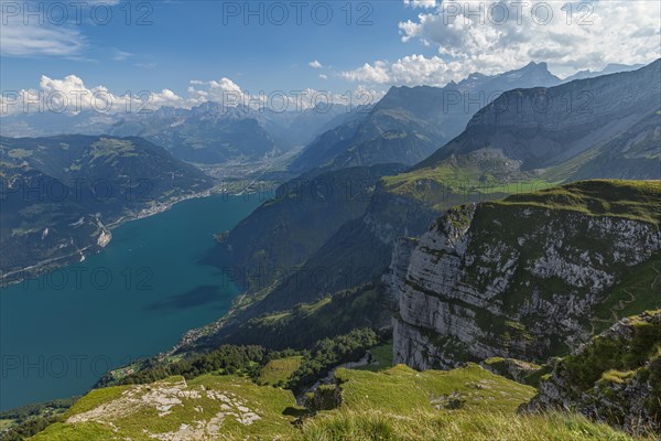 View from Niederbauen Kulm (1923m) to Flueelen and Altdorf, Lake Lucerne, Canton Uri, Switzerland, Lake Lucerne, Uri, Switzerland, Europe
