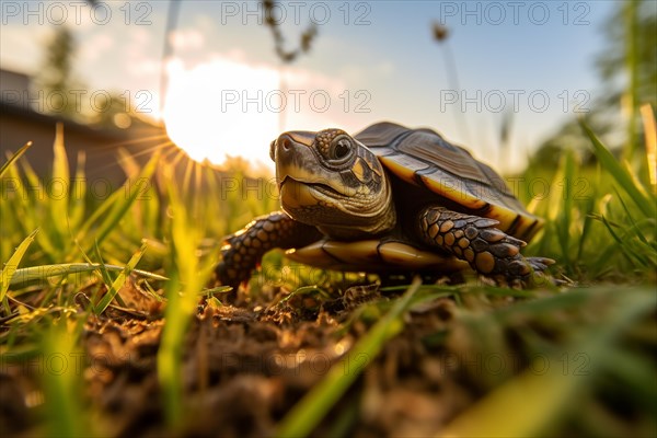 A cute little turtle crawls in grass, illuminated by the golden rays of the setting sun, AI generated