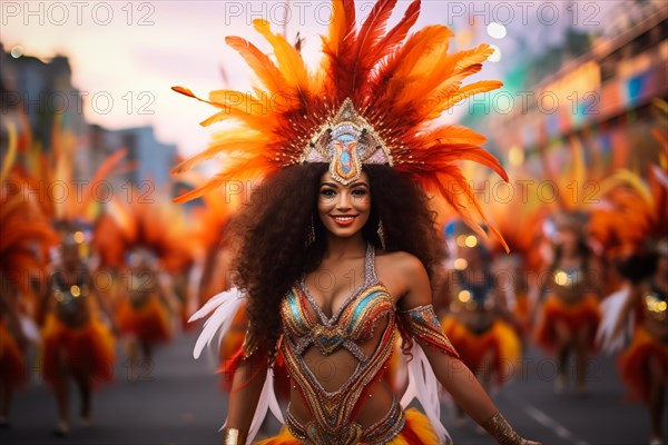 Captivating image capturing the essence of the Rio Carnival, showcasing a dancer adorned in an elaborate, vibrant costume, embodying the spirit and energy of this iconic festival, AI generated