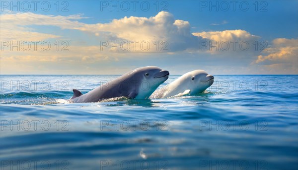 KI generated, animal, animals, mammal, mammals, biotope, habitat, two, female with young, foraging, wildlife, beluga, beluga (Delphinapterus leucas) dolphin, dolphin, pilot whale, Arctic, skin bluish-white, cream-coloured, later white, carnivore, dolphin species, dolphin species