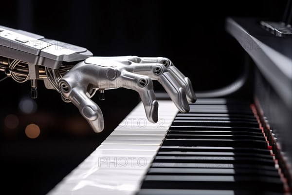 Artificial intelligence android hand playing music on piano. KI generiert, generiert AI generated