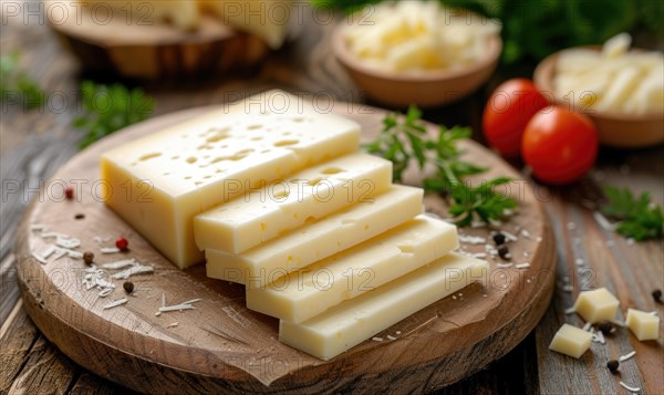 Slices of cheese with rosemary and tomatoes on a wooden background AI generated