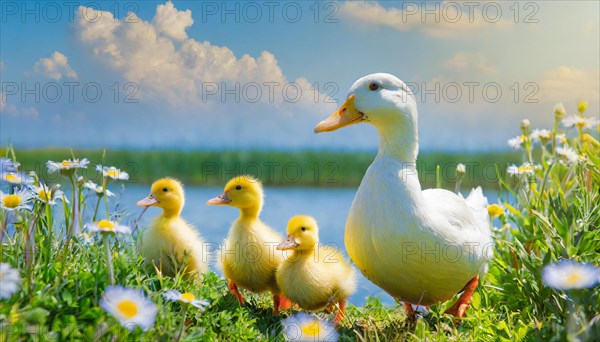 KI generated, animal, animals, bird, birds, biotope, habitat, one, single animal, foraging, wildlife, duck, ducks, domestic duck, female, (Anas platyrhynchos) white, white, yellow ducklings, young animals, animal children, two, three, four, white duck mother with yellow chicks, excursion, water, meadow, grass, spring, summer, flowers, pond, swimming, sitting, farm animal, domestic animal